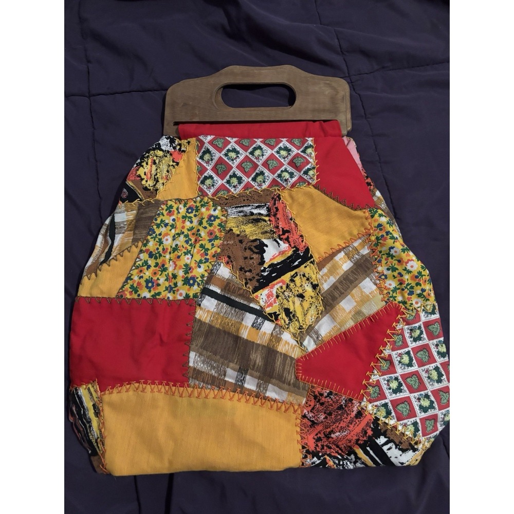 Vintage Purse Clutch Handmade Cloth Patchwork with Wooden Handles Boho